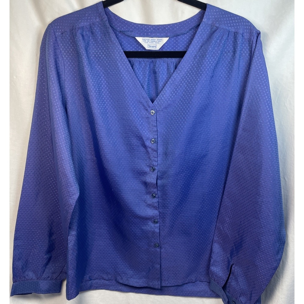 Vintage‎ 1970S Sears Long Sleeve Button Down V Neck ShinyLilac Blouse S/M